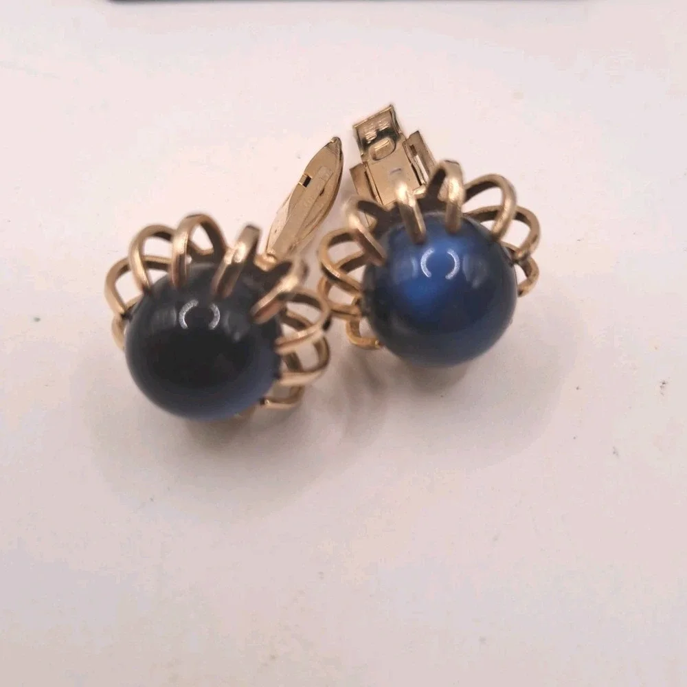Vintage MCM Gold Tone Ball Cage Cufflinks Cobalt Blue Cabochon Pat Pend Unsigned